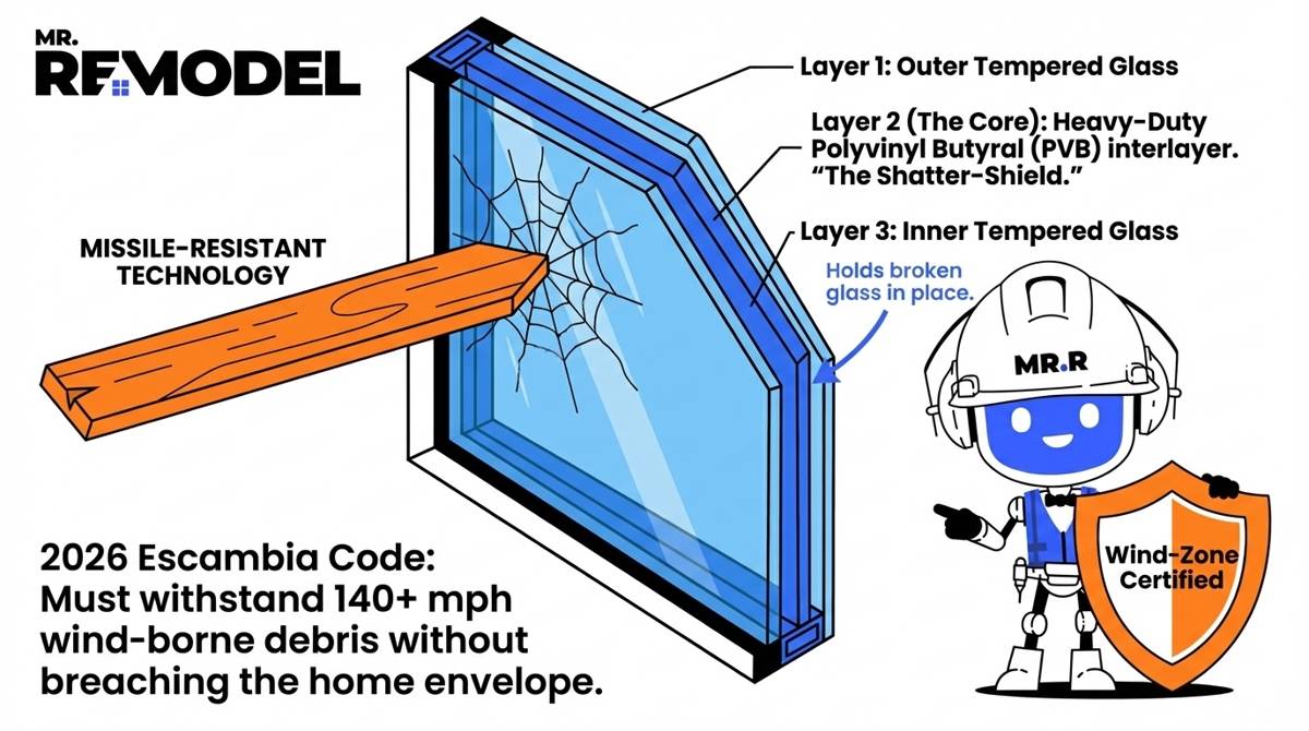 A technical hurricane-impact window infographic for Pensacola homeowners, illustrating the laminated glass layers and PVB interlayer required to withstand 140+ mph wind-borne debris in Escambia County wind zones.